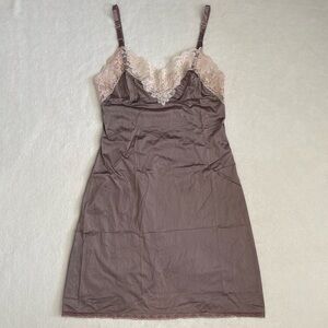 {VTG} Lorraine | Babydoll Floral Lace Trim Nylon Slip Dress Lingerie Mauve (34)